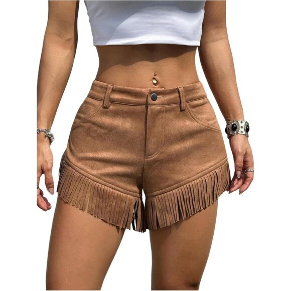 Women's Brown Suede Fringe Shorts Low Waist Western Cowgirl Tassel Mini Shorts
